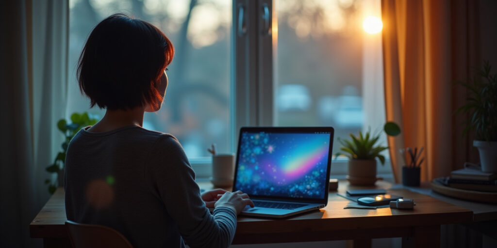 Woman working on laptop in dark