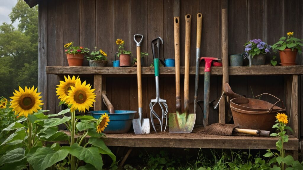 Sunflowers with gardening tools